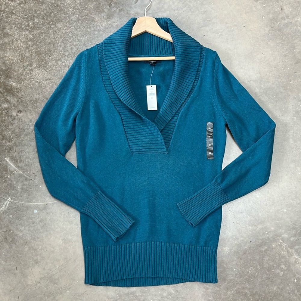 Banana Republic Teal knit V-neck knit fold over collar Sz. Medium 100% cotton